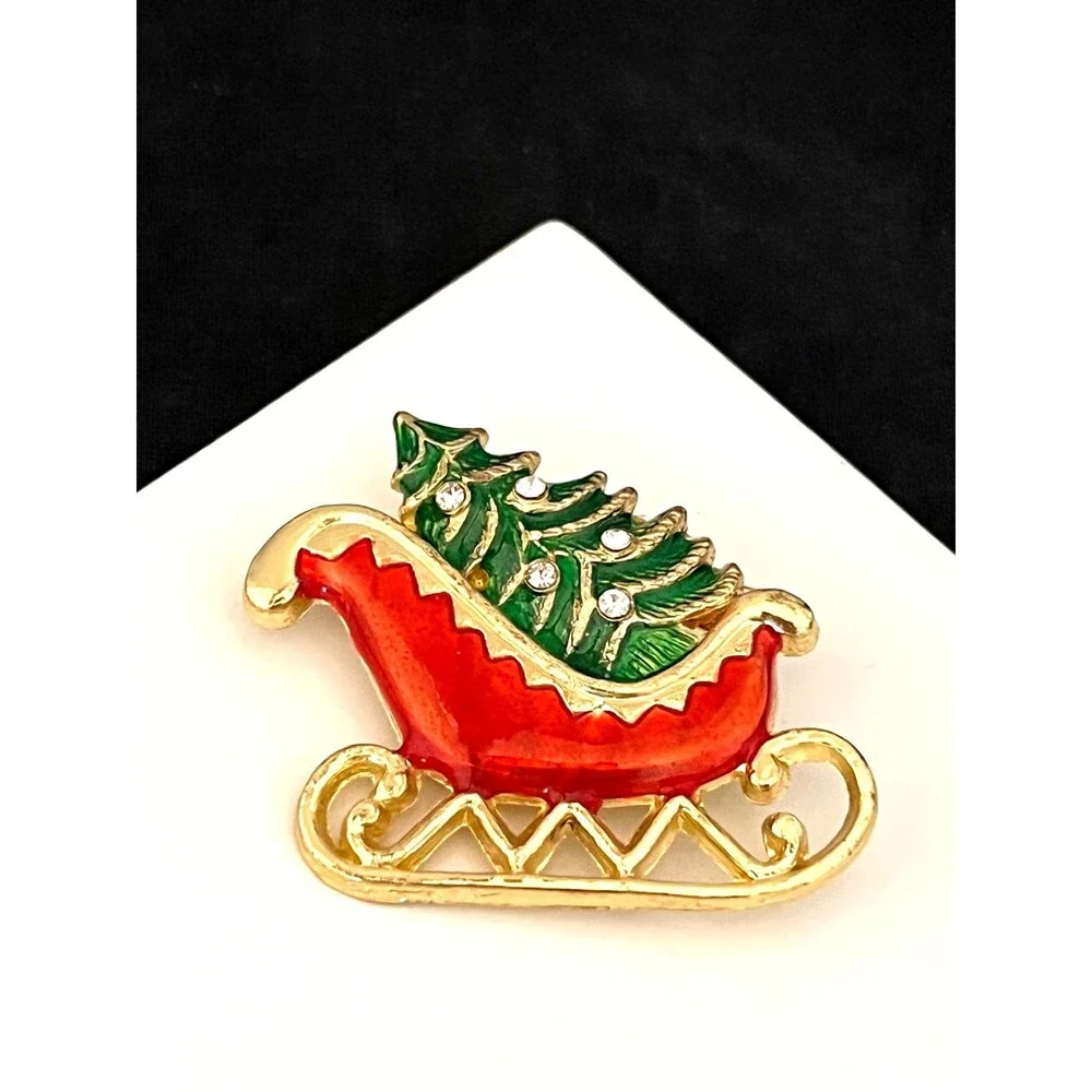 Vintage 1980s Christmas Sleigh Brooch Enamel Rhinestone Gold Tone - 1I